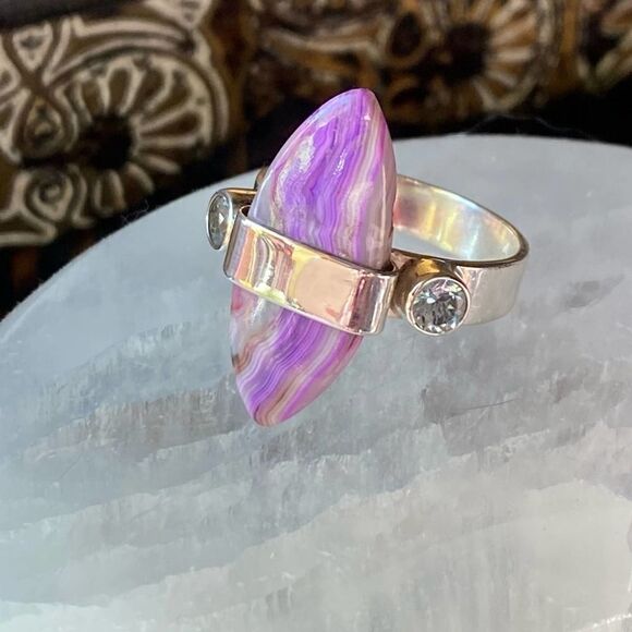 Mexican Laguna Lace & Blue Topaz Solid Sterling Silver Ring Size 9 - Picture 1 of 8